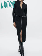 Lunivop Zipper Design Midi Dresses For Women New Elegant Sexy Long Sleeve Half High Collar Slim