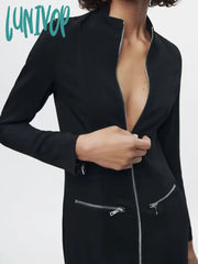 Lunivop Zipper Design Midi Dresses For Women New Elegant Sexy Long Sleeve Half High Collar Slim