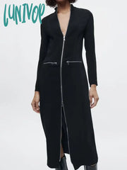 Lunivop Zipper Design Midi Dresses For Women New Elegant Sexy Long Sleeve Half High Collar Slim