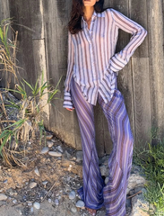Lunivop  Women Striped 2 Piece Matching Outfit Set Lapel Button Down Long Sleeve Shirt High Waist Pants Suit Casual Daily Holiday Outwear
