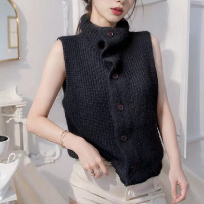 Lunivop Button Up Sweater Vest for Women Soft Comfy High Neck Sleeveless Knit Vest Slouchy Knitwear Female Autumn Winter Casual Outfit