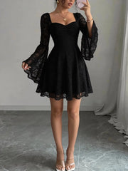 Lunivop  Black lace square necked tie up flared sleeved slim fit short dress,Black lace square necked tie up flared sleeved dress