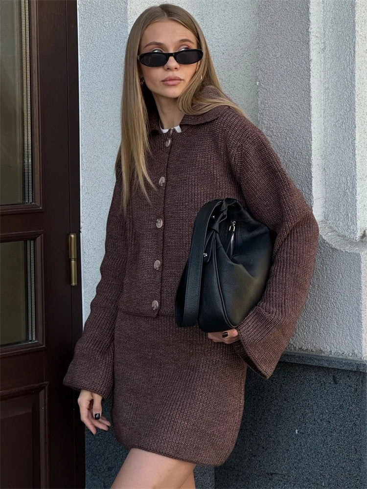 Lunivop Women's Knitted Suit Lapel Flare Sleeve Cardigan Skirt Autumn Winter New Fashion Solid Slim Female Sweater Two Piece Sets