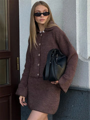 Lunivop Women's Knitted Suit Lapel Flare Sleeve Cardigan Skirt Autumn Winter New Fashion Solid Slim Female Sweater Two Piece Sets