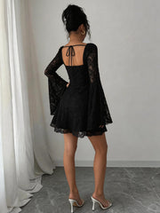 Lunivop  Black lace square necked tie up flared sleeved slim fit short dress,Black lace square necked tie up flared sleeved dress