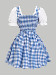 Lunivop  Blue and white gingham square necked puff sleeved lace up short dress