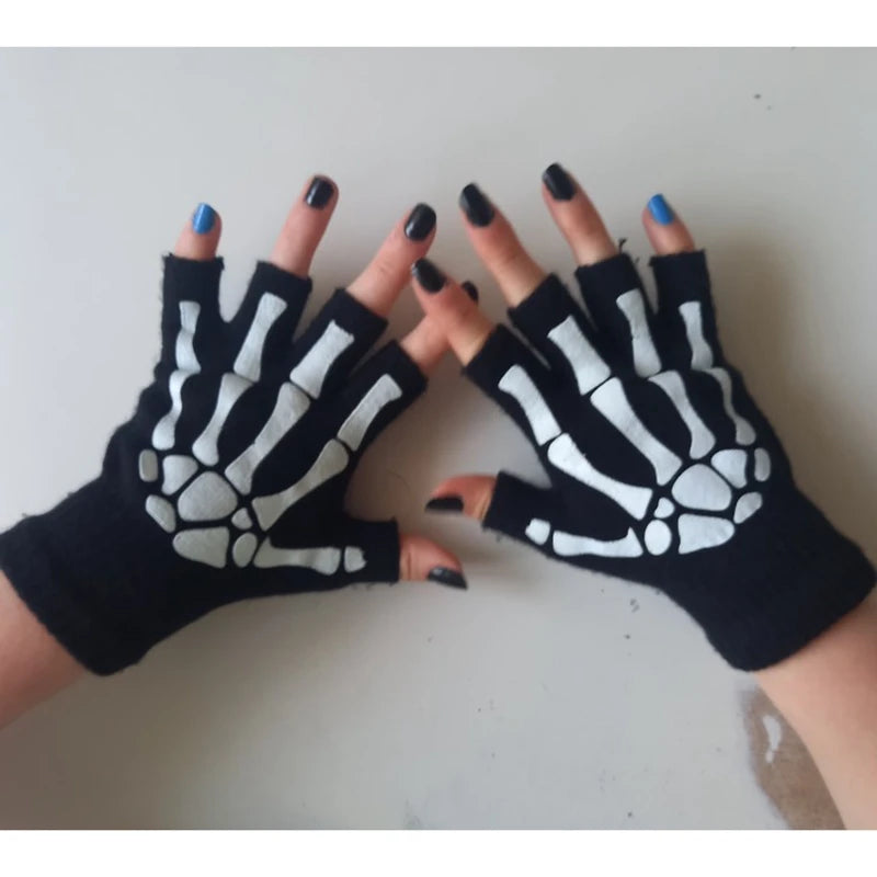 Lunivop New Punk Gloves Unisex Halloween Skeleton Skull Half Finger Gloves Glow In The Dark Fingerless Stretch Knitted Winter Mittens