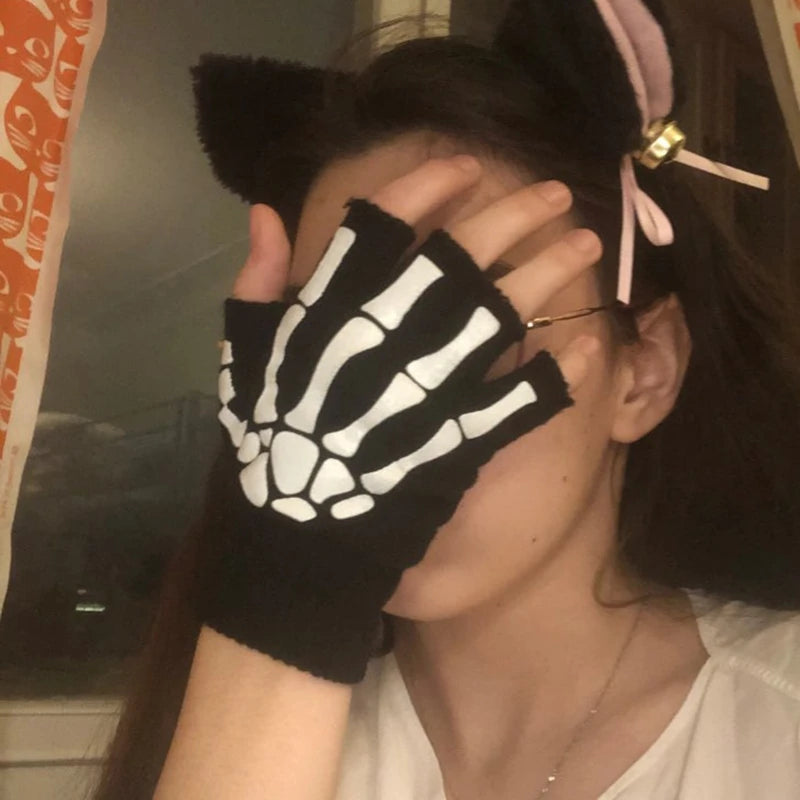 Lunivop New Punk Gloves Unisex Halloween Skeleton Skull Half Finger Gloves Glow In The Dark Fingerless Stretch Knitted Winter Mittens