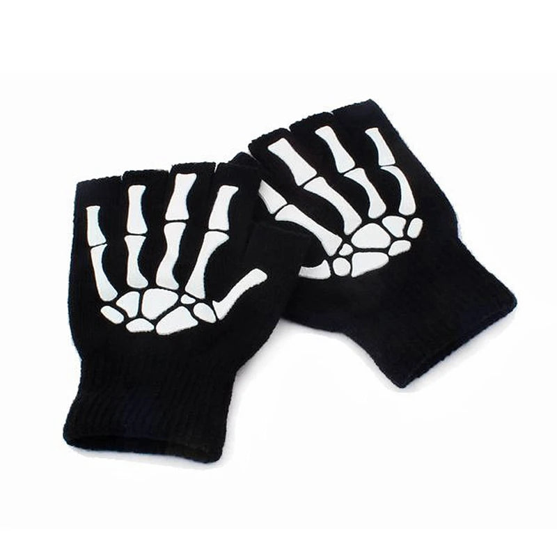 Lunivop New Punk Gloves Unisex Halloween Skeleton Skull Half Finger Gloves Glow In The Dark Fingerless Stretch Knitted Winter Mittens