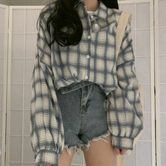 Lunivop   Autumn Women Plaid Shirt Oversized Lantern Sleeve Vintage Turn Down Collar Ladies Casual Vintage Button Up Loose Tops 2023