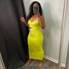 Lunivop  Bodycon Dress Summer Clothes For Women New Solid Color Spaghetti Strap V-Neck Sexy Club Outfits Hollow Out Midi Dress