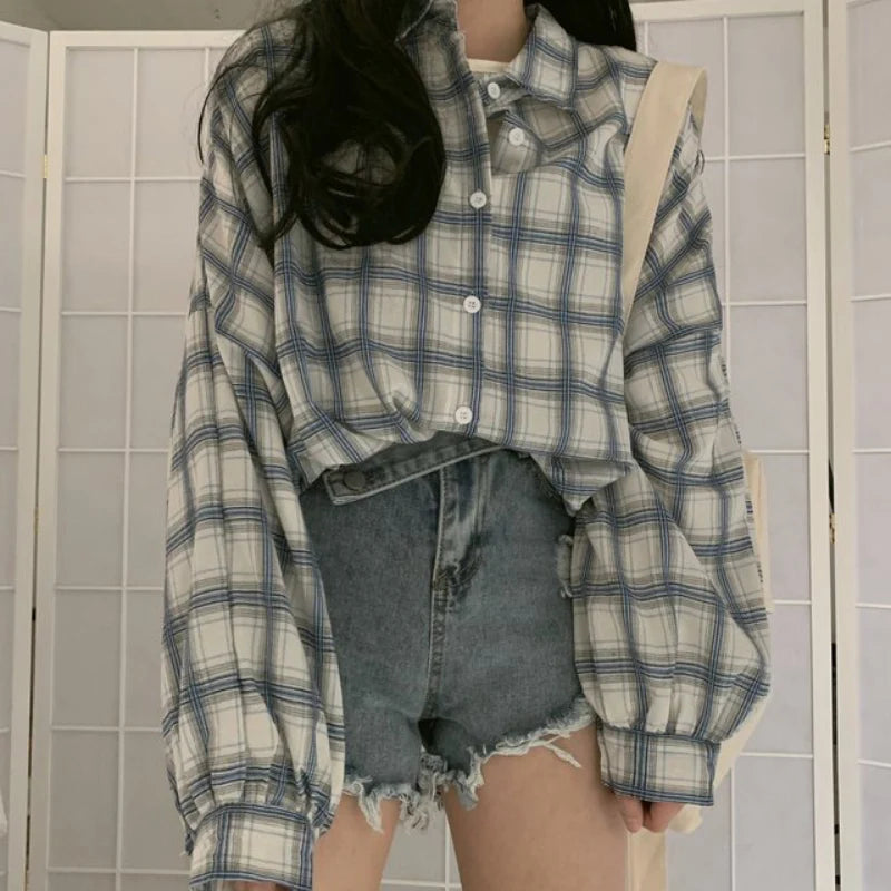 Lunivop   Autumn Women Plaid Shirt Oversized Lantern Sleeve Vintage Turn Down Collar Ladies Casual Vintage Button Up Loose Tops 2023