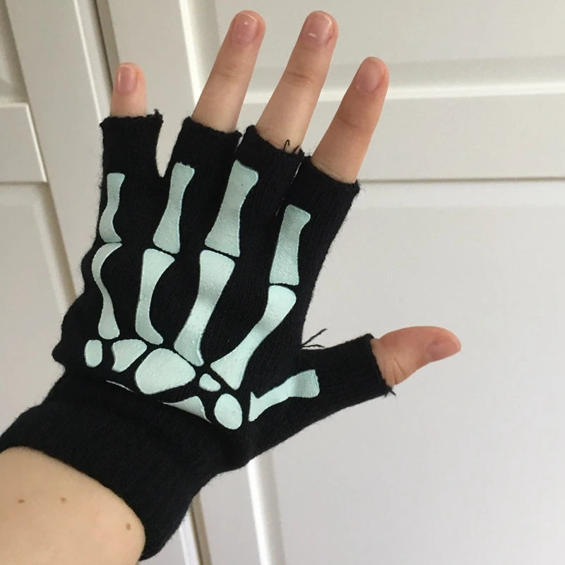 Lunivop New Punk Gloves Unisex Halloween Skeleton Skull Half Finger Gloves Glow In The Dark Fingerless Stretch Knitted Winter Mittens