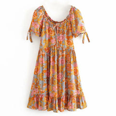 Lunivop  Wood ears Lacing up O neck Orange Camellia Floral Print Short Sleeve Dress Retro Spliced Pleated Mini Short Dresses