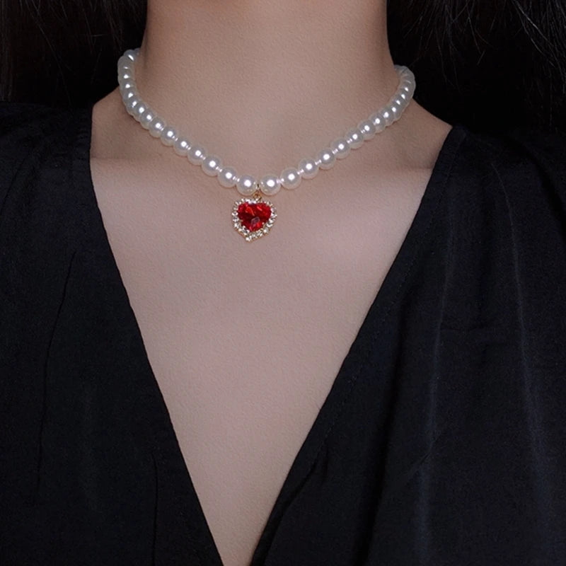 Lunivop Vintage Red Crystal Heart Pendant Choker Necklaces For Women Baroque Pearl Wedding Aesthetic Jewellery