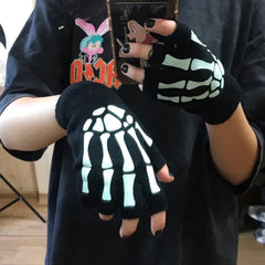 Lunivop New Punk Gloves Unisex Halloween Skeleton Skull Half Finger Gloves Glow In The Dark Fingerless Stretch Knitted Winter Mittens