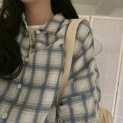 Lunivop   Autumn Women Plaid Shirt Oversized Lantern Sleeve Vintage Turn Down Collar Ladies Casual Vintage Button Up Loose Tops 2023
