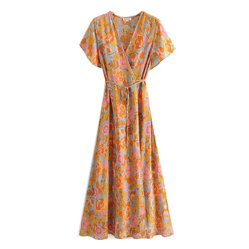 Lunivop  Wood ears Lacing up O neck Orange Camellia Floral Print Short Sleeve Dress Retro Spliced Pleated Mini Short Dresses