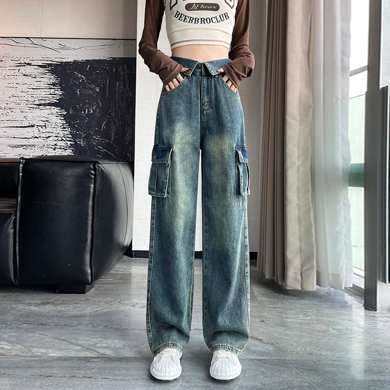 90s streetwear American Retro Workwear Jeans Women's Spring and Autumn Sweet Cool High Waist Flanging Drape Loose Straight Wide Leg Pants