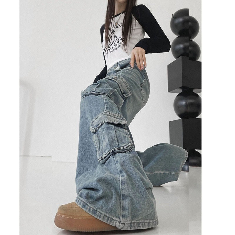 90s streetwear High Street Retro Multi-Pocket Workwear Jeans for Women Spring and Autumn New Versatile Loose Straight Mop Casual Trousers Fashion