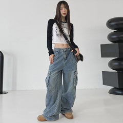 90s streetwear High Street Retro Multi-Pocket Workwear Jeans for Women Spring and Autumn New Versatile Loose Straight Mop Casual Trousers Fashion