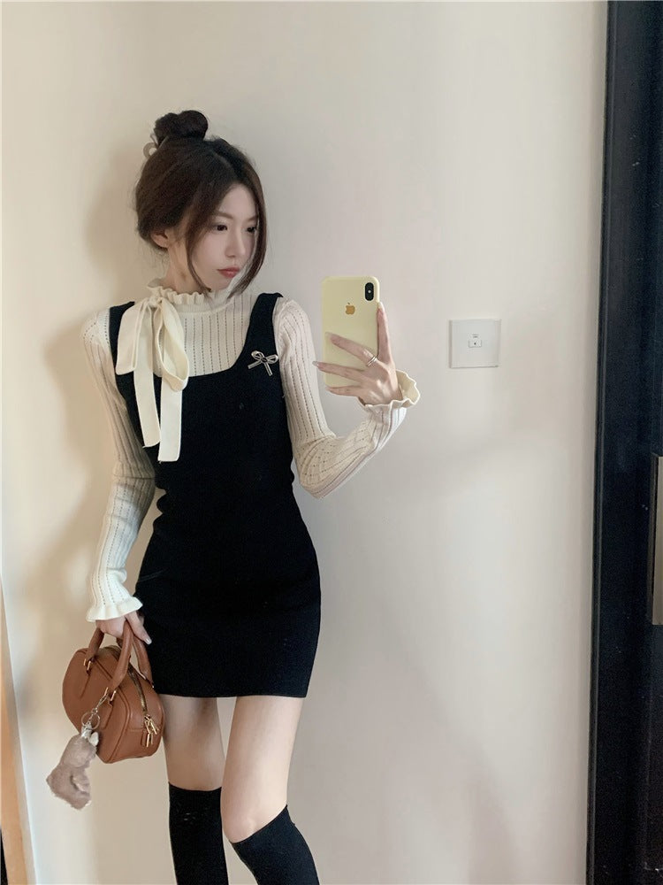 skater boy outfits French Long Sleeve Knitted Fake Two Pieces Dress 2024 Spring Women's New Winter Skirt Hip Skirt Temperament Short Skirt