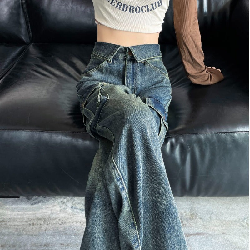 90s streetwear American Retro Workwear Jeans Women's Spring and Autumn Sweet Cool High Waist Flanging Drape Loose Straight Wide Leg Pants