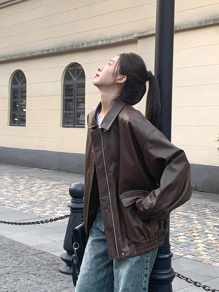 skater boy outfits Retro Brown Leather Coat Women's Short 2024 Spring and Autumn Small Korean Style Loose Leather Jacket Handsome Motorcycle Jacket