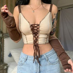 90s streetwear 2024 Summer New Turn-over Chest Front Fork Strap Slim Stitching Sling Sexy Hot Girl Vest