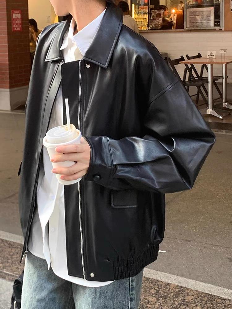 skater boy outfits Retro Brown Leather Coat Women's Short 2024 Spring and Autumn Small Korean Style Loose Leather Jacket Handsome Motorcycle Jacket
