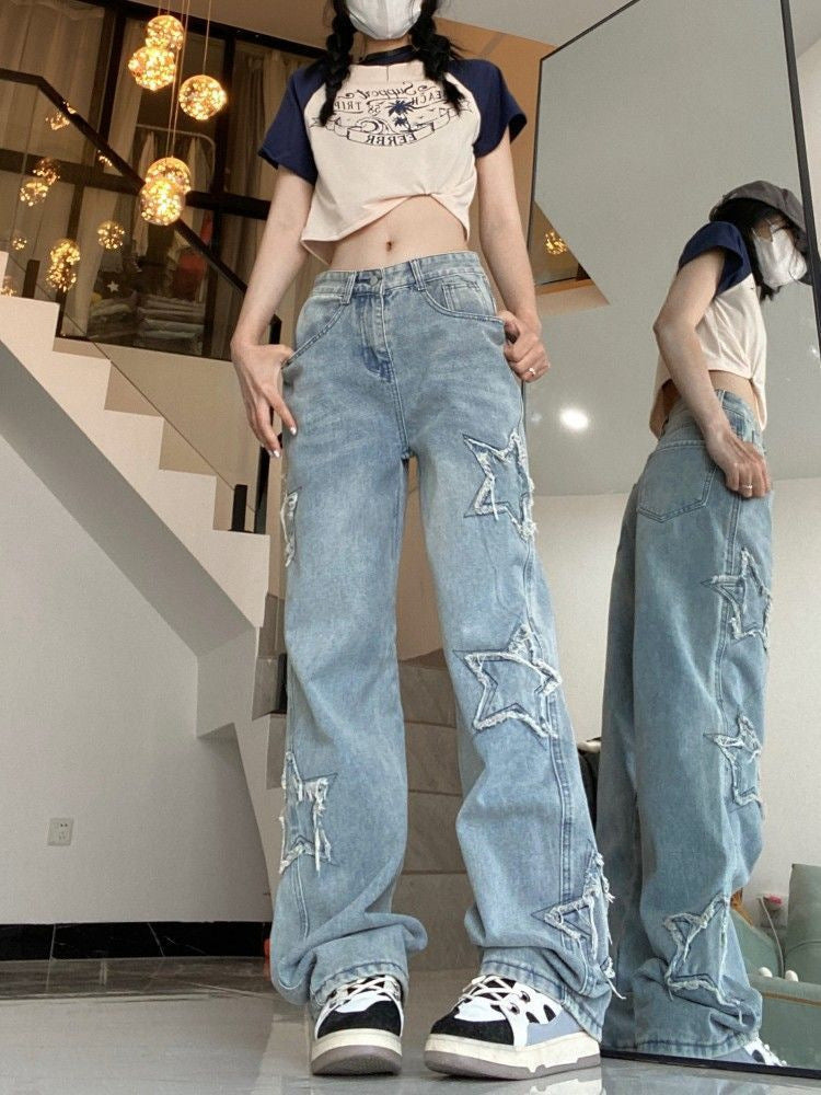 skater boy outfits Spring and Summer New Retro Star Embroidered Jeans Women's High Waist Loose Fashion Slimming Straight Wide Leg Pants Fashion