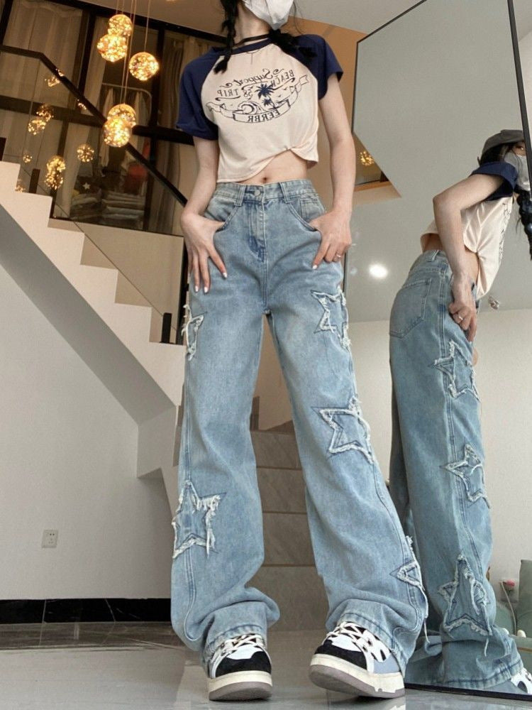 skater boy outfits Spring and Summer New Retro Star Embroidered Jeans Women's High Waist Loose Fashion Slimming Straight Wide Leg Pants Fashion