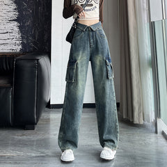 90s streetwear American Retro Workwear Jeans Women's Spring and Autumn Sweet Cool High Waist Flanging Drape Loose Straight Wide Leg Pants