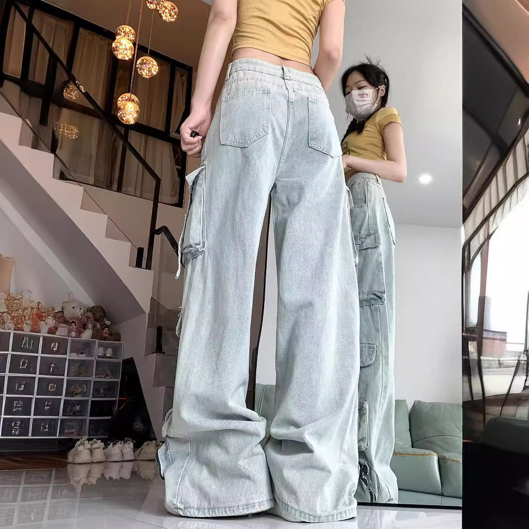 skater boy outfits Multi-Pocket American Wide Leg Loose Casual Denim Wide Leg Pants Women's Low Waist Straight Hiphop Pants Trendy