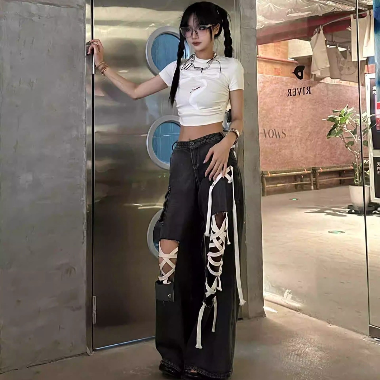 skater boy outfits American-Style Street Lace-up Ripped Lace-up Jeans Women's Niche Straight Pants Loose Wide-Leg Mop Pants