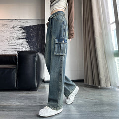 90s streetwear American Retro Workwear Jeans Women's Spring and Autumn Sweet Cool High Waist Flanging Drape Loose Straight Wide Leg Pants