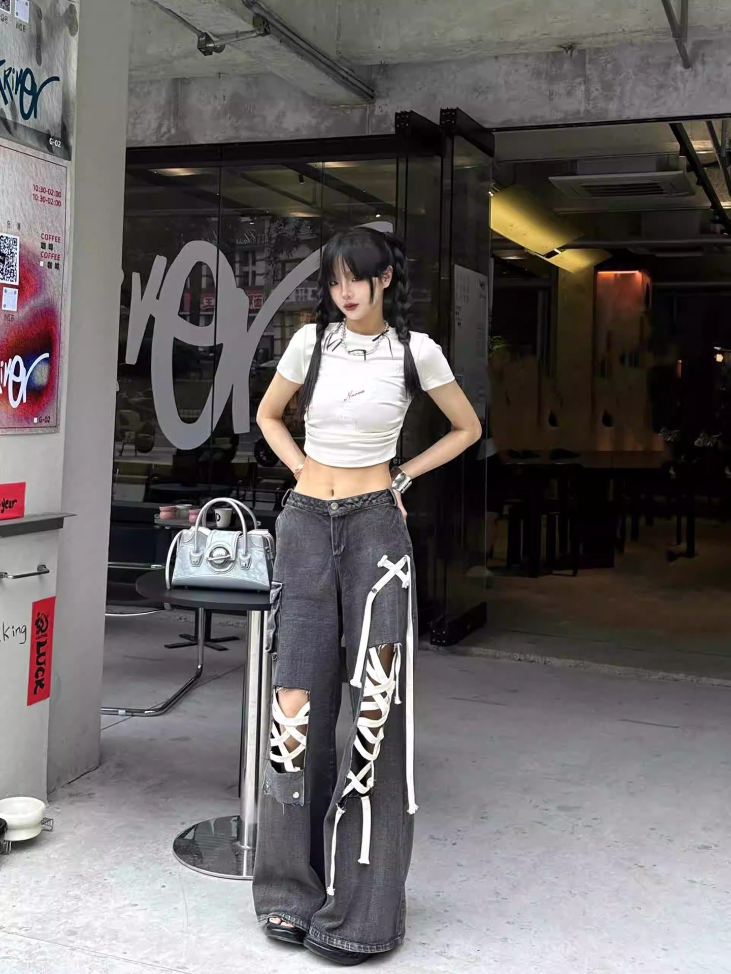 skater boy outfits American-Style Street Lace-up Ripped Lace-up Jeans Women's Niche Straight Pants Loose Wide-Leg Mop Pants