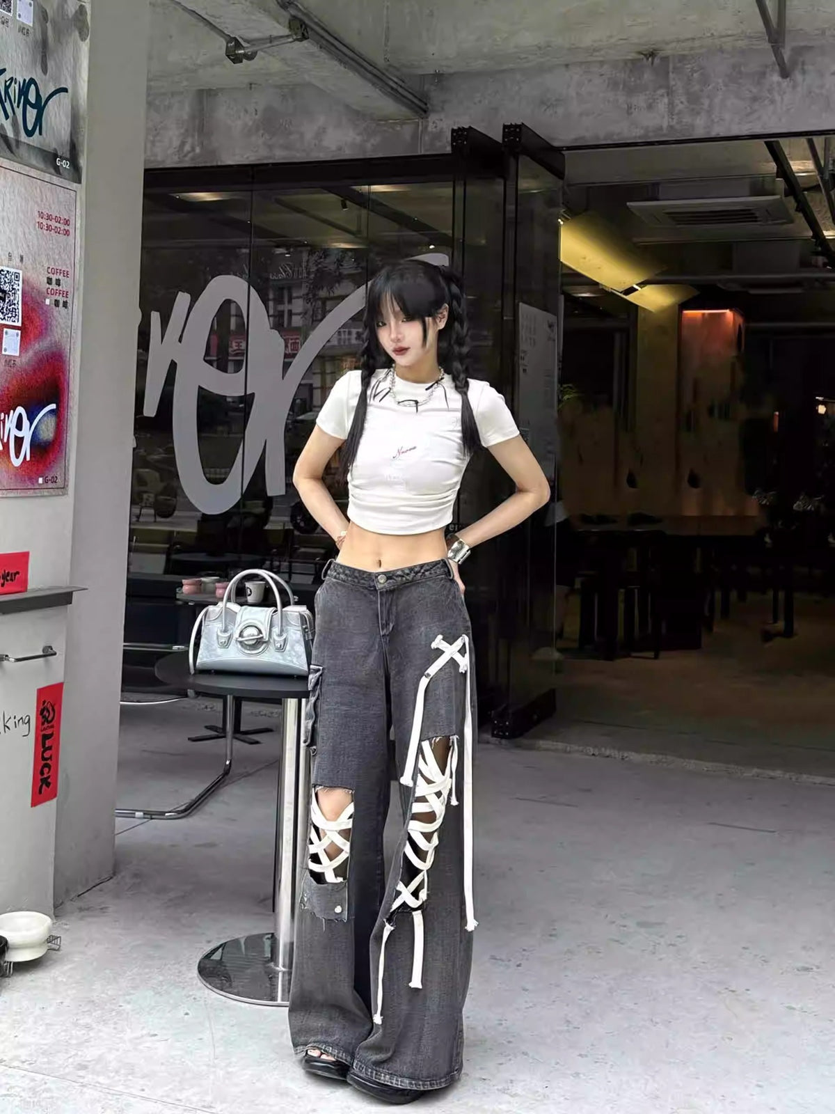 skater boy outfits American-Style Street Lace-up Ripped Lace-up Jeans Women's Niche Straight Pants Loose Wide-Leg Mop Pants
