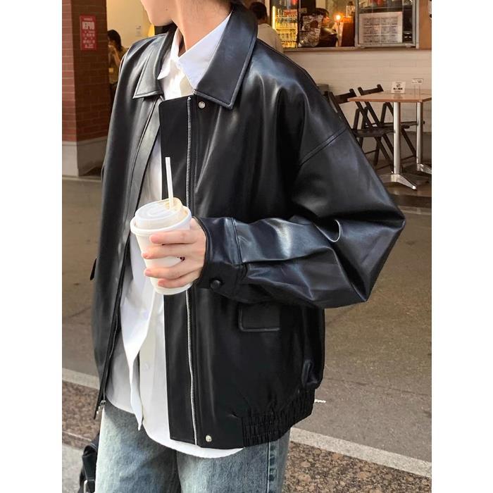skater boy outfits Retro Brown Leather Coat Women's Short 2024 Spring and Autumn Small Korean Style Loose Leather Jacket Handsome Motorcycle Jacket