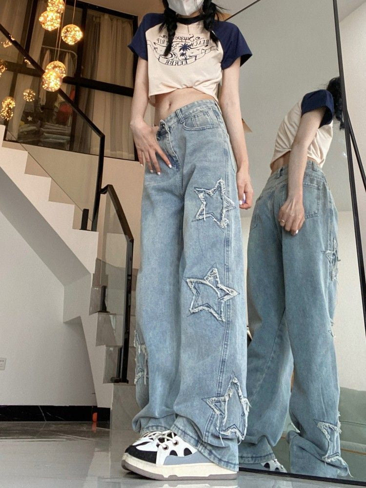 skater boy outfits Spring and Summer New Retro Star Embroidered Jeans Women's High Waist Loose Fashion Slimming Straight Wide Leg Pants Fashion