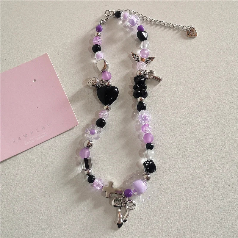 Lunivop Gothic Cute Charms Bow Cross Heart Wings Pendant Pink Beaded Choker Necklace Girl Y2K EMO 2000s Jewelry Accessories