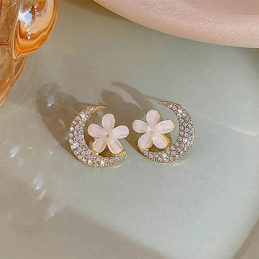 Lunivop Korean Trendy Cute Bling Zircon Moon Flower Earrings for Women Elegant Niche Design Party Jewelry Girlfriend Gifts
