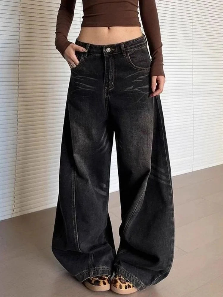 Lunivop  Vintage Washed Black Women's Jeans Wide Leg American Style High Waist Baggy Denim Pants Casual Straight Trousers New
