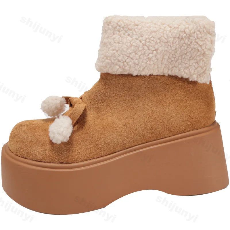 Lunivop Fashion Bow Fur Women Suede Snow Boots New 2025 Winter Plush Warm Flats Platform Short Boots Casual Cotton Shoes Ankle Botas