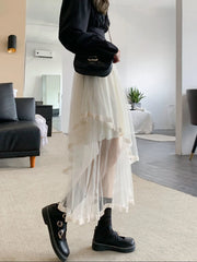 Lunivop Elegant Mesh Patchwork Women Tulle Skirt Fashion Korean A Line Cake Skirt Female Sweet Preppy Style Irregular Midi Skirt