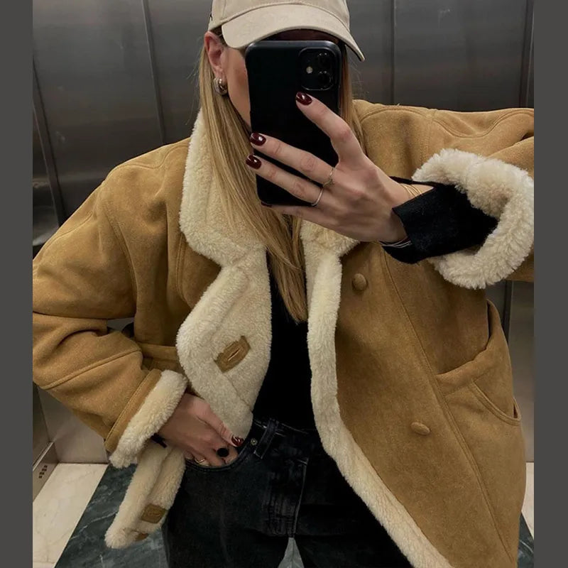 Lunivop Retro Turn-down Collar Faux Lambs Jackets Women Casual Loose Thicken Fleece Lined Jacket Female Autumn Winter High Street Tops