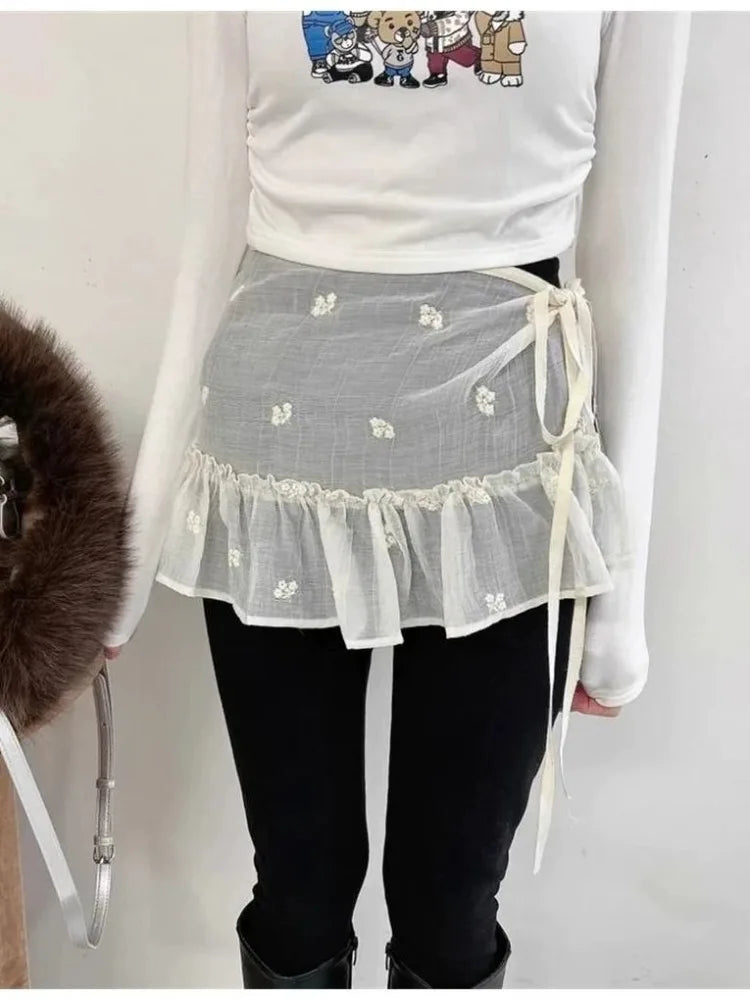 Lunivop  Y2k Sweet Embroidery Flower Skirts See Through Mesh Skirt for Women 2025 Summer New High Waist Lace Up Faldas Mujer