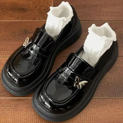 Lunivop  Woman Footwear with Medium Heels Kawaii Metal Decoration Normal Leather Casual Beige Shoes for Women Round Toe Cute Loafers A E