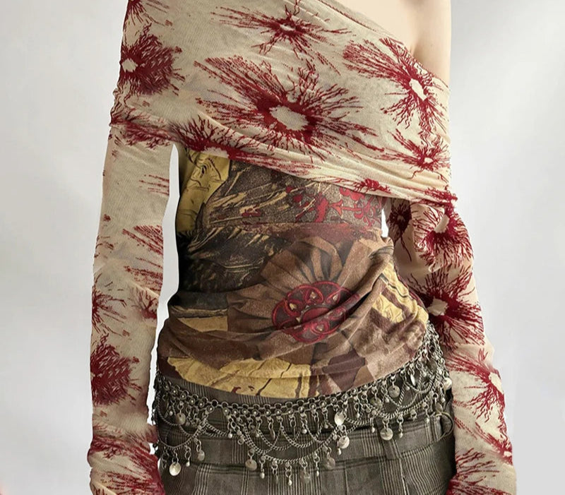 Lunivop  Vintage Mesh See Through Cropped Top y2k Aesthetic Floral Print Slash Neck Long Sleeve T-Shirts Women Retro Fashion Tees