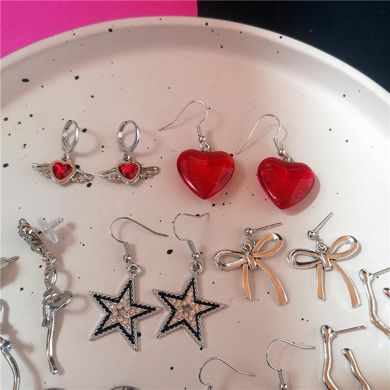 Lunivop Gothic Vintage Red Black Glass Crystal Heart Star Bowknot Pendant Earrings Women Y2K Aesthetic Jewelry Charms Punk Accessories